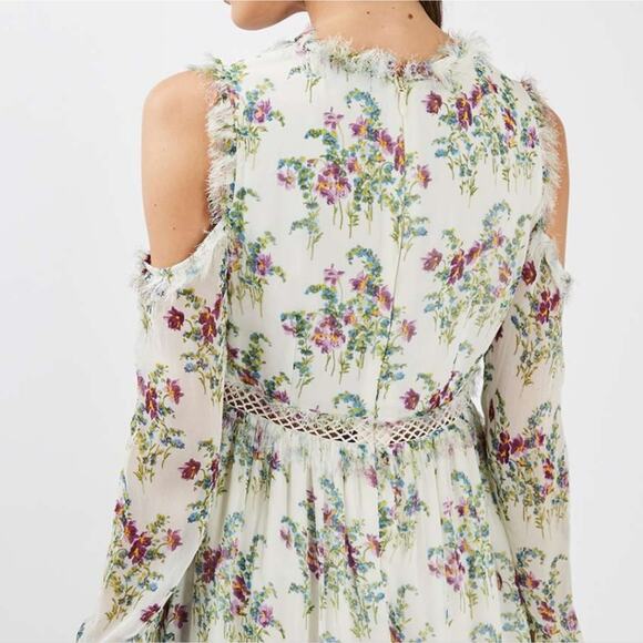Topshop Cold Shoulder Midi Dress Frayed Lace Boho Floral Long Sleeve Cream 6 - Picture 9 of 9